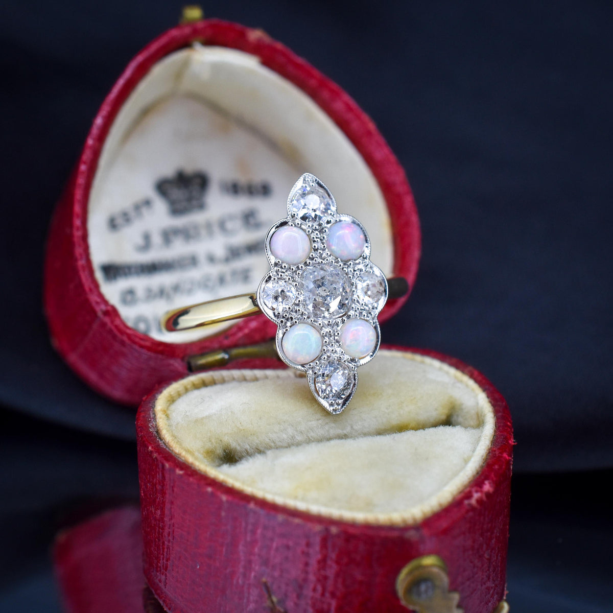 Antique Edwardian 0.78ct Old Cut Diamond and Opal Navette Cluster 18ct Gold Ring