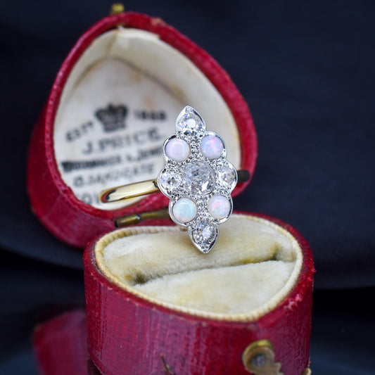 Antique Edwardian 0.78ct Old Cut Diamond and Opal Navette Cluster 18ct Gold Ring