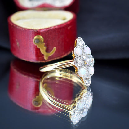 Antique Edwardian 0.78ct Old Cut Diamond and Opal Navette Cluster 18ct Gold Ring