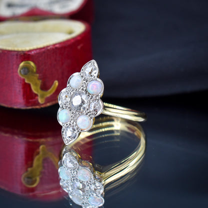 Antique Edwardian 0.78ct Old Cut Diamond and Opal Navette Cluster 18ct Gold Ring