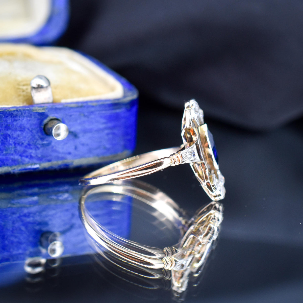 Art Deco Blue Sapphire and Diamond Navette Cluster Gold Ring