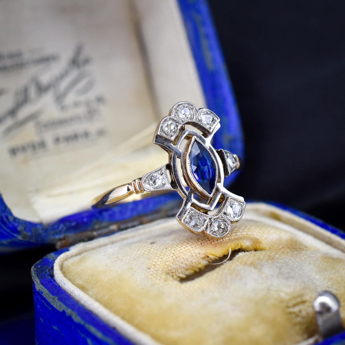 Art Deco Blue Sapphire and Diamond Navette Cluster Gold Ring