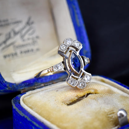 Art Deco Blue Sapphire and Diamond Navette Cluster Gold Ring