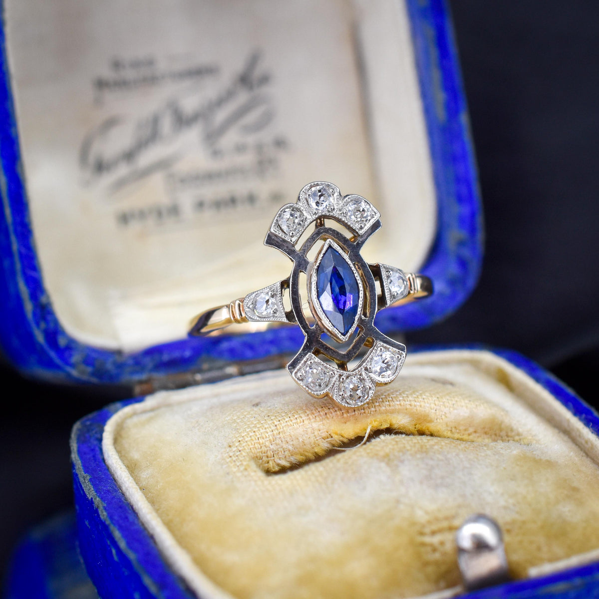 Art Deco Blue Sapphire and Diamond Navette Cluster Gold Ring