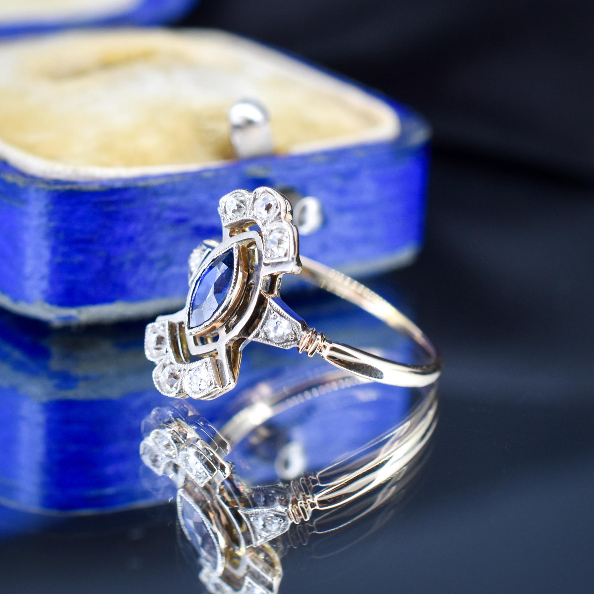 Art Deco Blue Sapphire and Diamond Navette Cluster Gold Ring