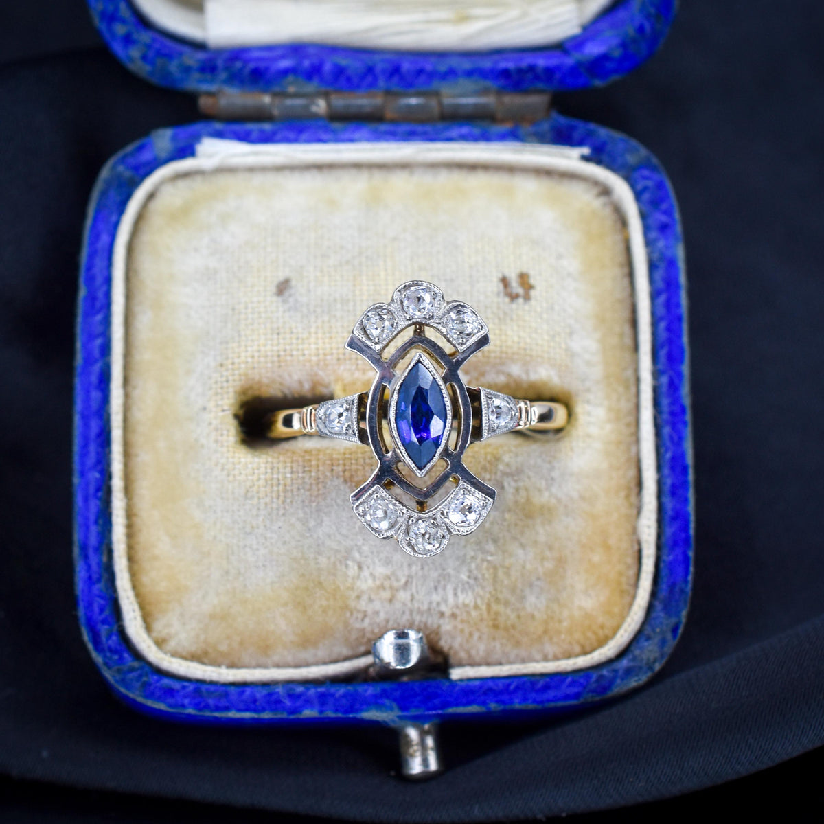 Art Deco Blue Sapphire and Diamond Navette Cluster Gold Ring