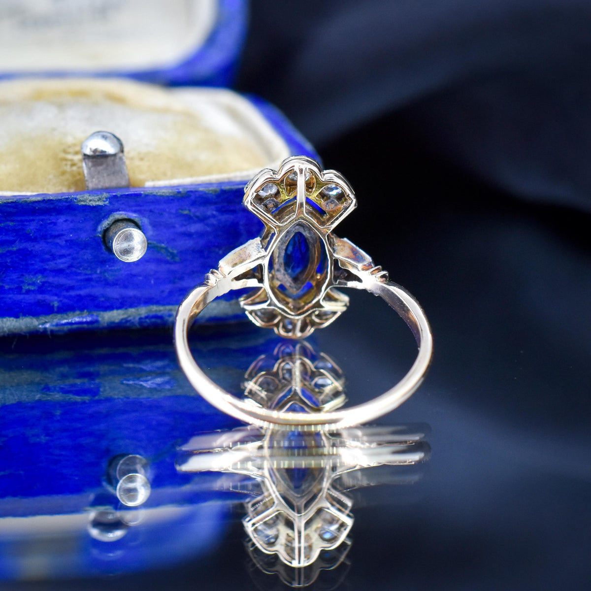 Art Deco Blue Sapphire and Diamond Navette Cluster Gold Ring