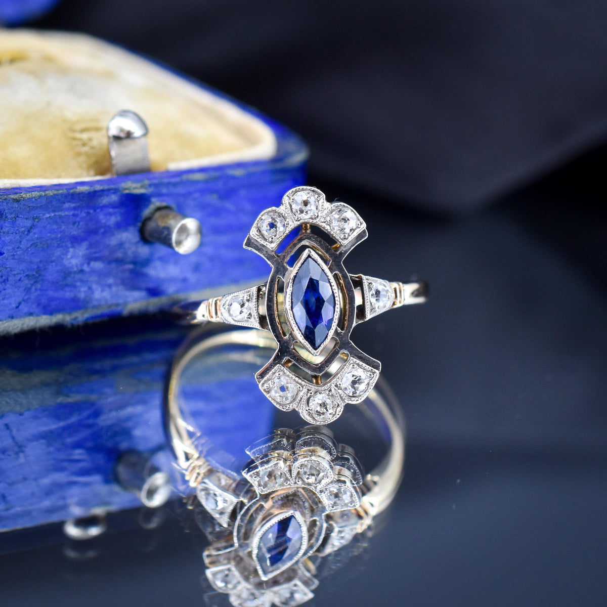 Art Deco Blue Sapphire and Diamond Navette Cluster Gold Ring
