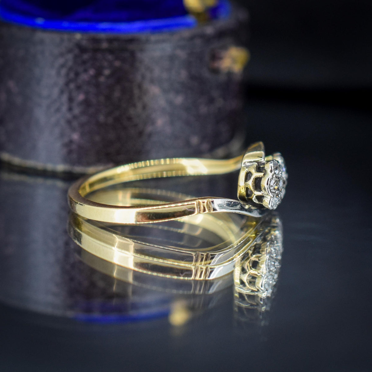 Antique Diamond Cluster Flower Daisy 18ct Gold Double Twist Ring