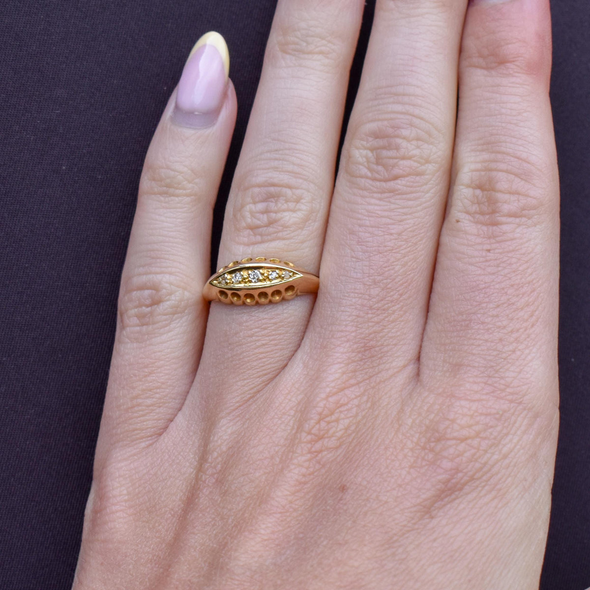 Antique Diamond Five Stone 18ct Yellow Gold Boat Ring | Dated 1919