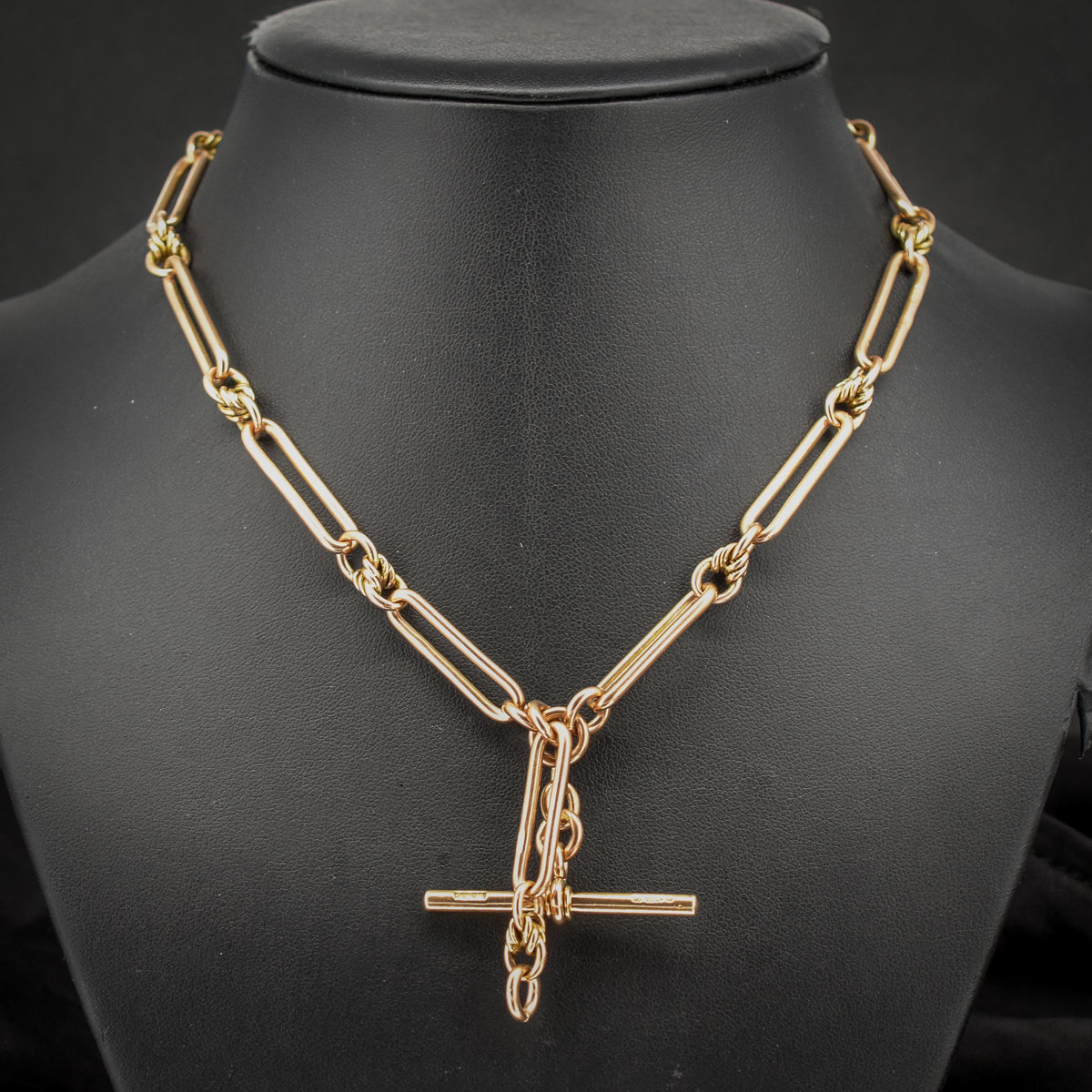 Antique '1918' 9ct Gold Trombone and Love Knot Link Albert Chain Necklace | 15.75"