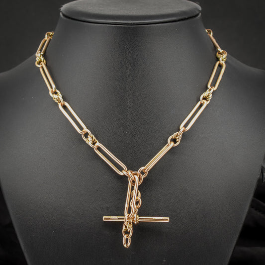Antique '1918' 9ct Gold Trombone and Love Knot Link Albert Chain Necklace | 15.75"