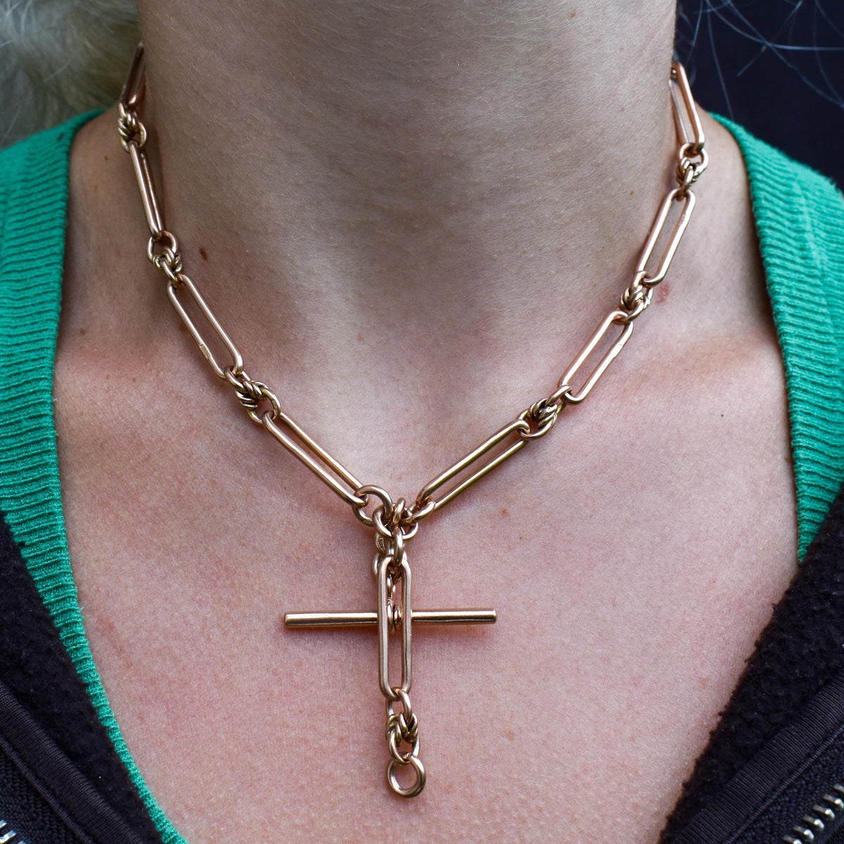 Antique '1918' 9ct Gold Trombone and Love Knot Link Albert Chain Necklace | 15.75"