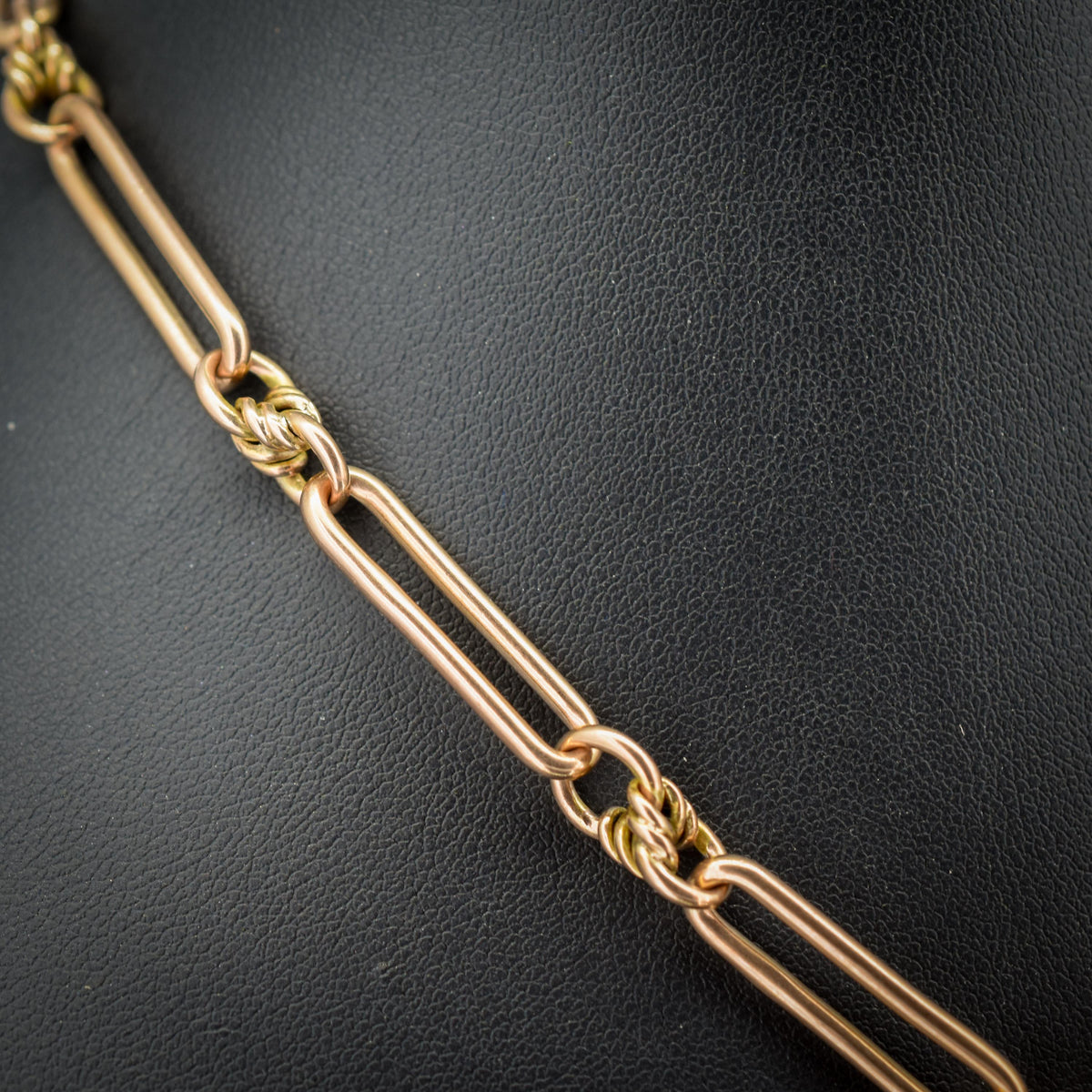 Antique '1918' 9ct Gold Trombone and Love Knot Link Albert Chain Necklace | 15.75"