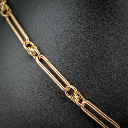 Antique '1918' 9ct Gold Trombone and Love Knot Link Albert Chain Necklace | 15.75"