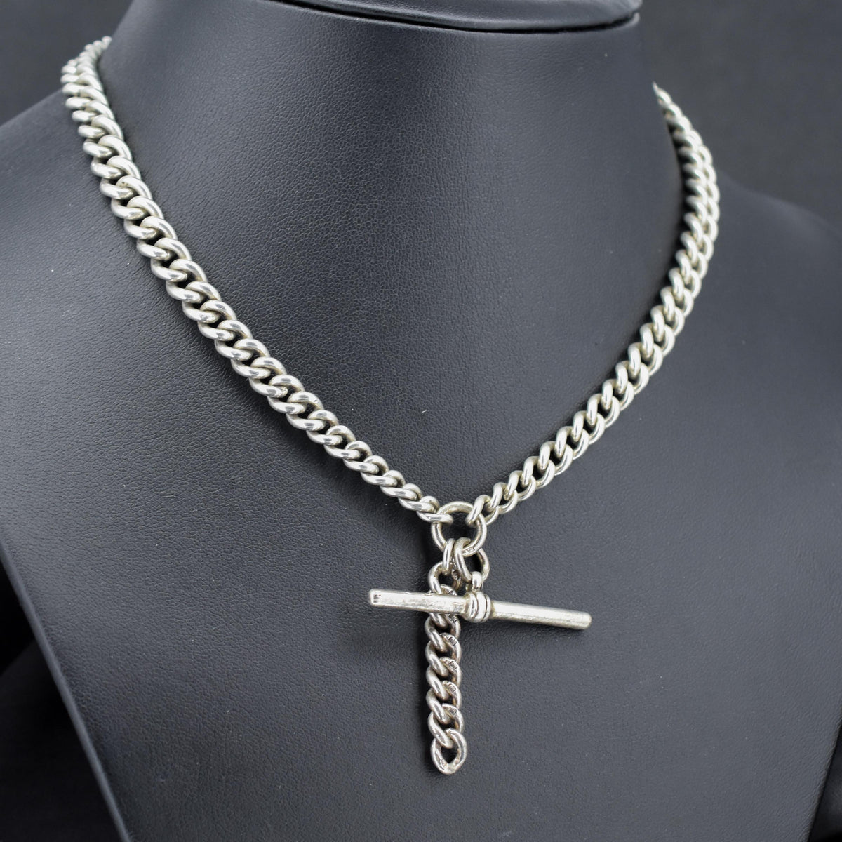 Art Deco Sterling Silver Curb Link Double Albert Watch Chain Necklace – 15"