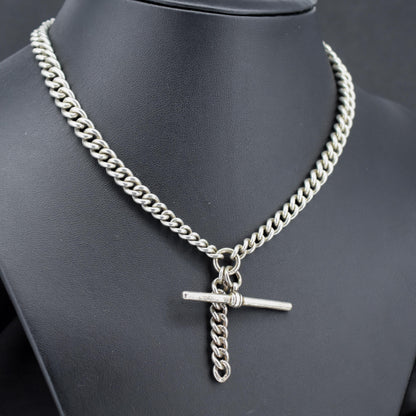 Art Deco Sterling Silver Curb Link Double Albert Watch Chain Necklace – 15"
