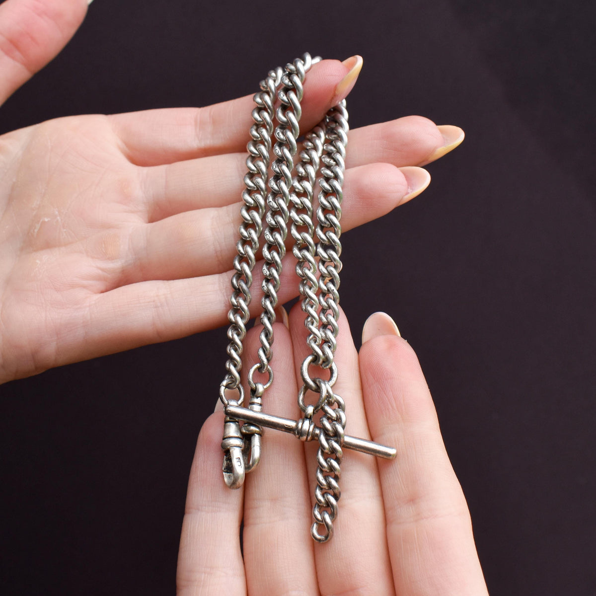 Art Deco Sterling Silver Curb Link Double Albert Watch Chain Necklace – 15"