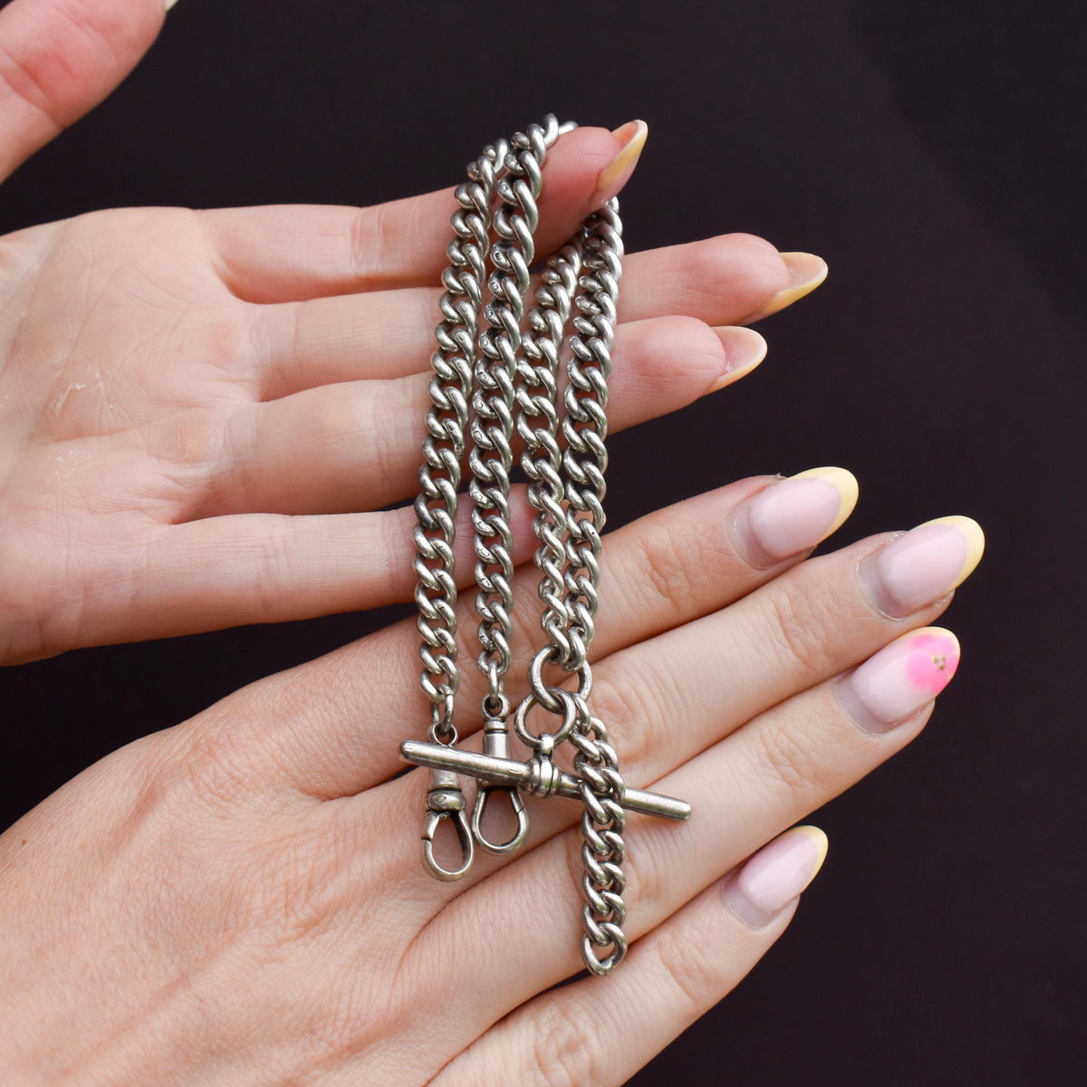 Art Deco Sterling Silver Curb Link Double Albert Watch Chain Necklace – 15"