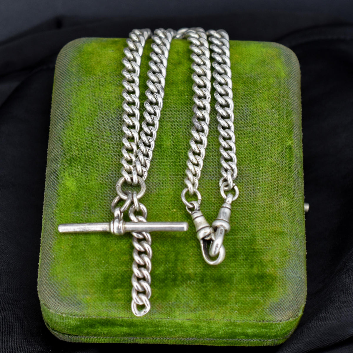 Art Deco Sterling Silver Curb Link Double Albert Watch Chain Necklace – 15"