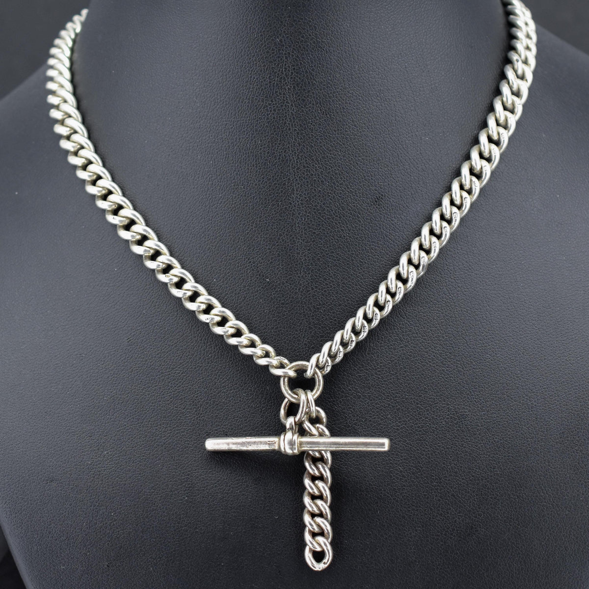 Art Deco Sterling Silver Curb Link Double Albert Watch Chain Necklace – 15"