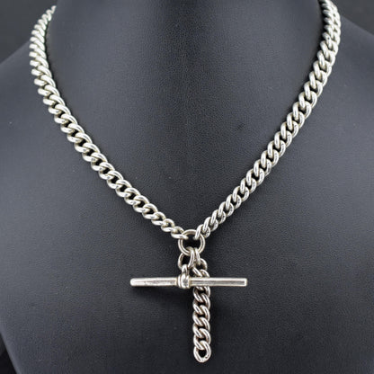 Art Deco Sterling Silver Curb Link Double Albert Watch Chain Necklace – 15"