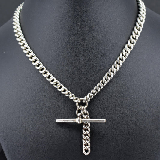 Art Deco Sterling Silver Curb Link Double Albert Watch Chain Necklace – 15"