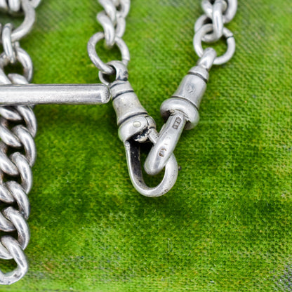 Art Deco Sterling Silver Curb Link Double Albert Watch Chain Necklace – 15"