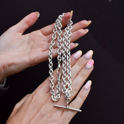 Vintage 75g Sterling Silver Oval Cable Link Chain Necklace with Double Dog Clip and T-bar Slider | 23"