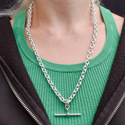 Vintage 75g Sterling Silver Oval Cable Link Chain Necklace with Double Dog Clip and T-bar Slider | 23"