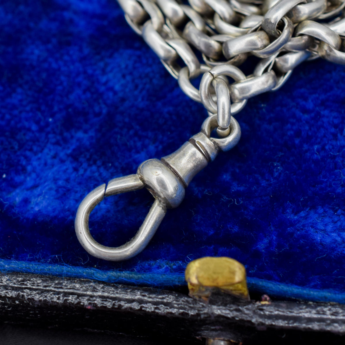 Antique Victorian Silver Long Guard Chain Necklace with Dog Clip | 60" Length