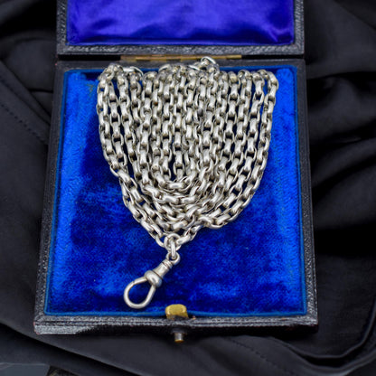 Antique Victorian Silver Long Guard Chain Necklace with Dog Clip | 60" Length