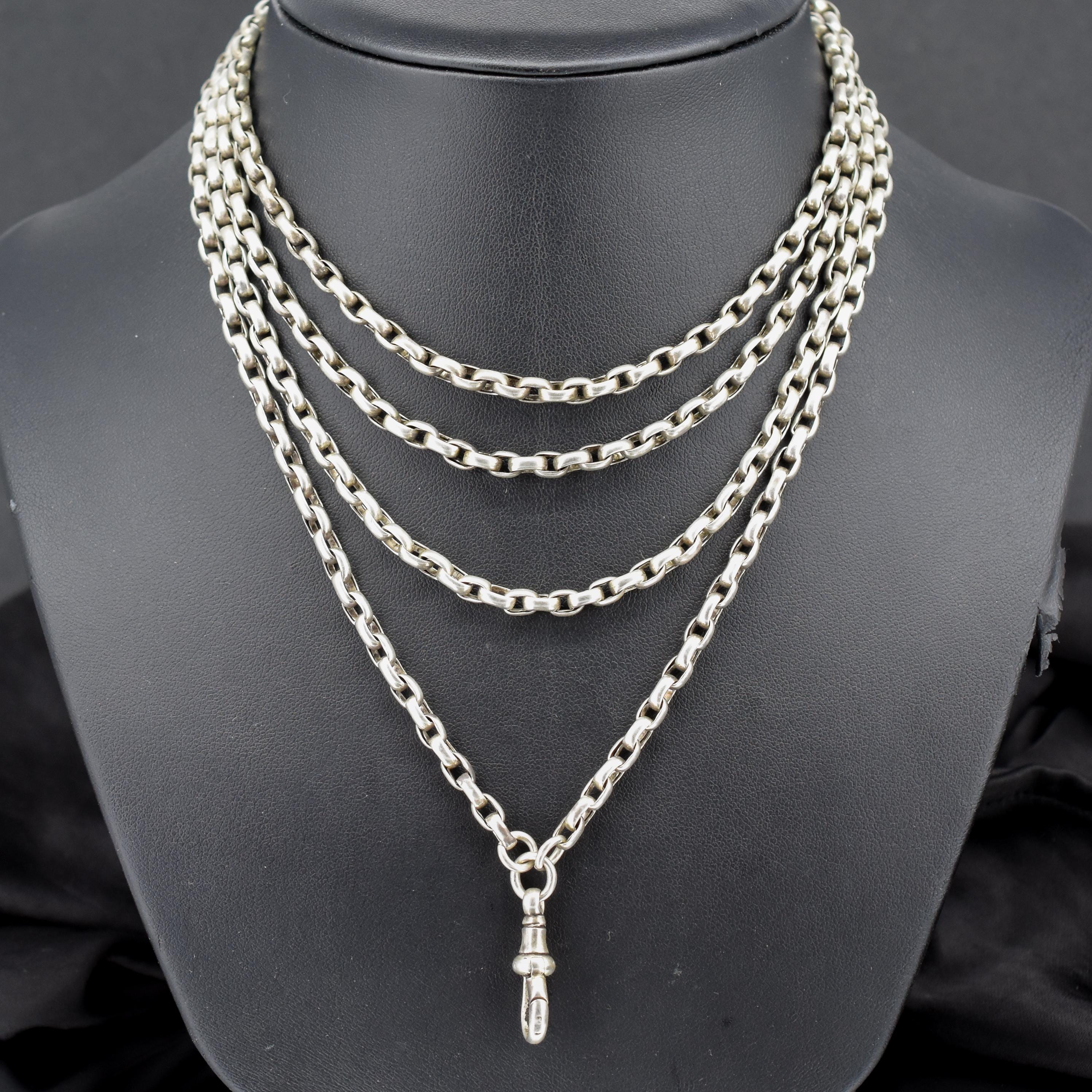 Antique Victorian Silver Long Guard Chain Necklace with Dog Clip