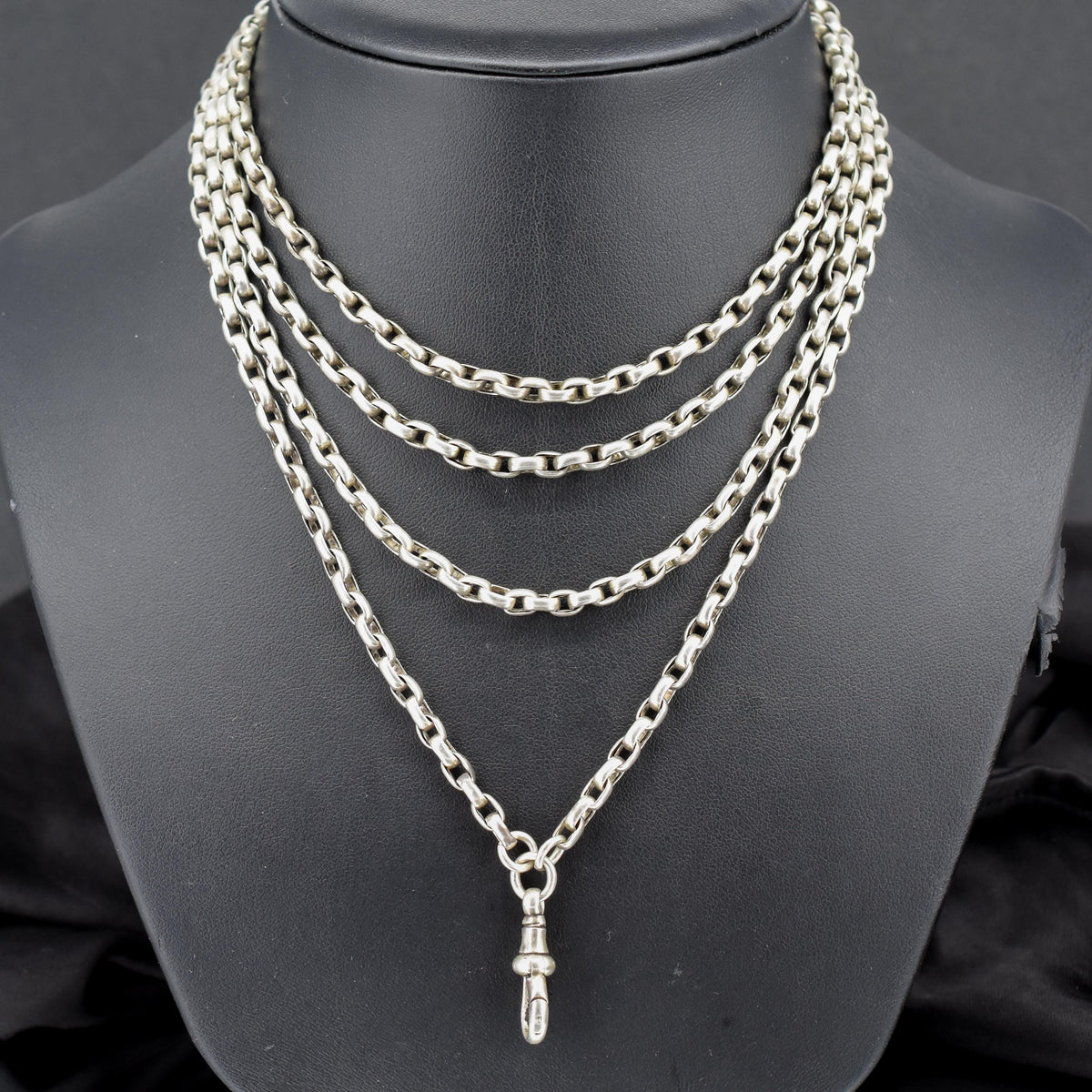 Antique Victorian Silver Long Guard Chain Necklace with Dog Clip | 60" Length