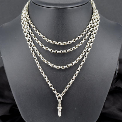 Antique Victorian Silver Long Guard Chain Necklace with Dog Clip | 60" Length