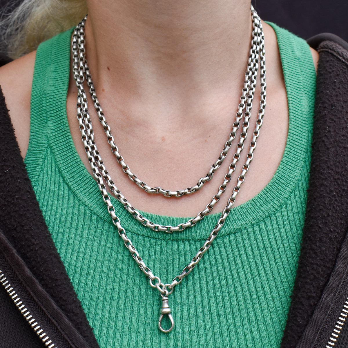 Antique Victorian Silver Long Guard Chain Necklace with Dog Clip | 60" Length