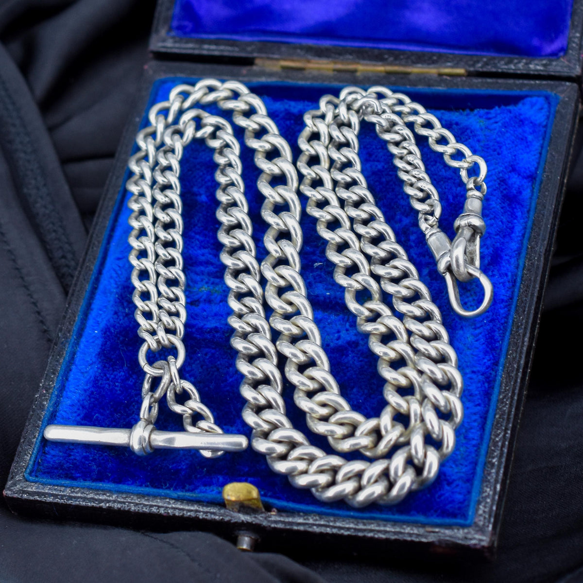 Antique 69g Heavy Albert Watch Chain Necklace with T-Bar and Dog Clips | 24"