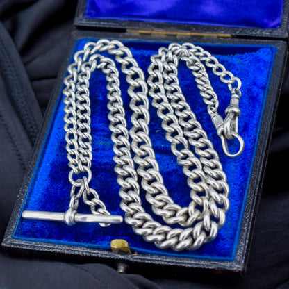 Antique 69g Heavy Albert Watch Chain Necklace with T-Bar and Dog Clips | 24"