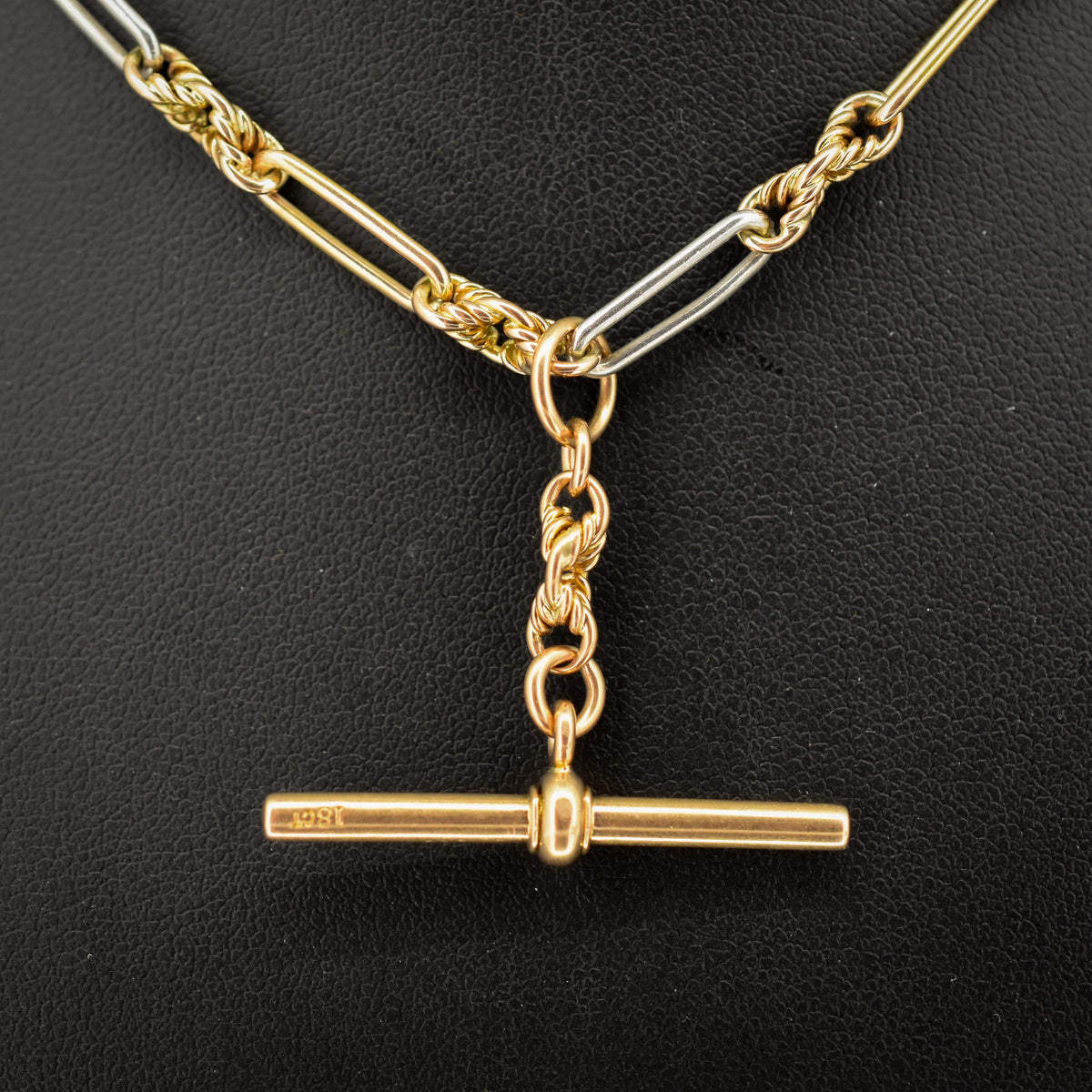 Antique 18ct Gold and Platinum Love Knot Trombone Watch Chain Necklace | 14.7"