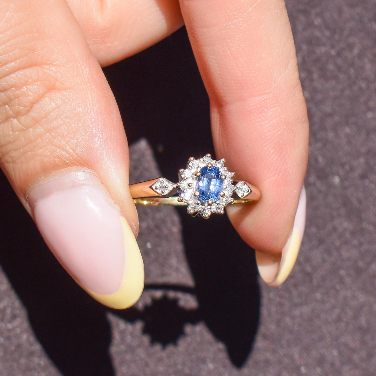 Vintage Blue Sapphire and Diamond Oval Cluster 9ct Gold Ring