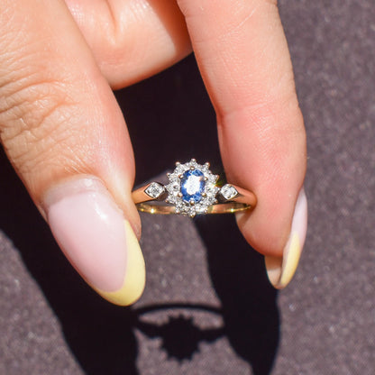 Vintage Blue Sapphire and Diamond Oval Cluster 9ct Gold Ring