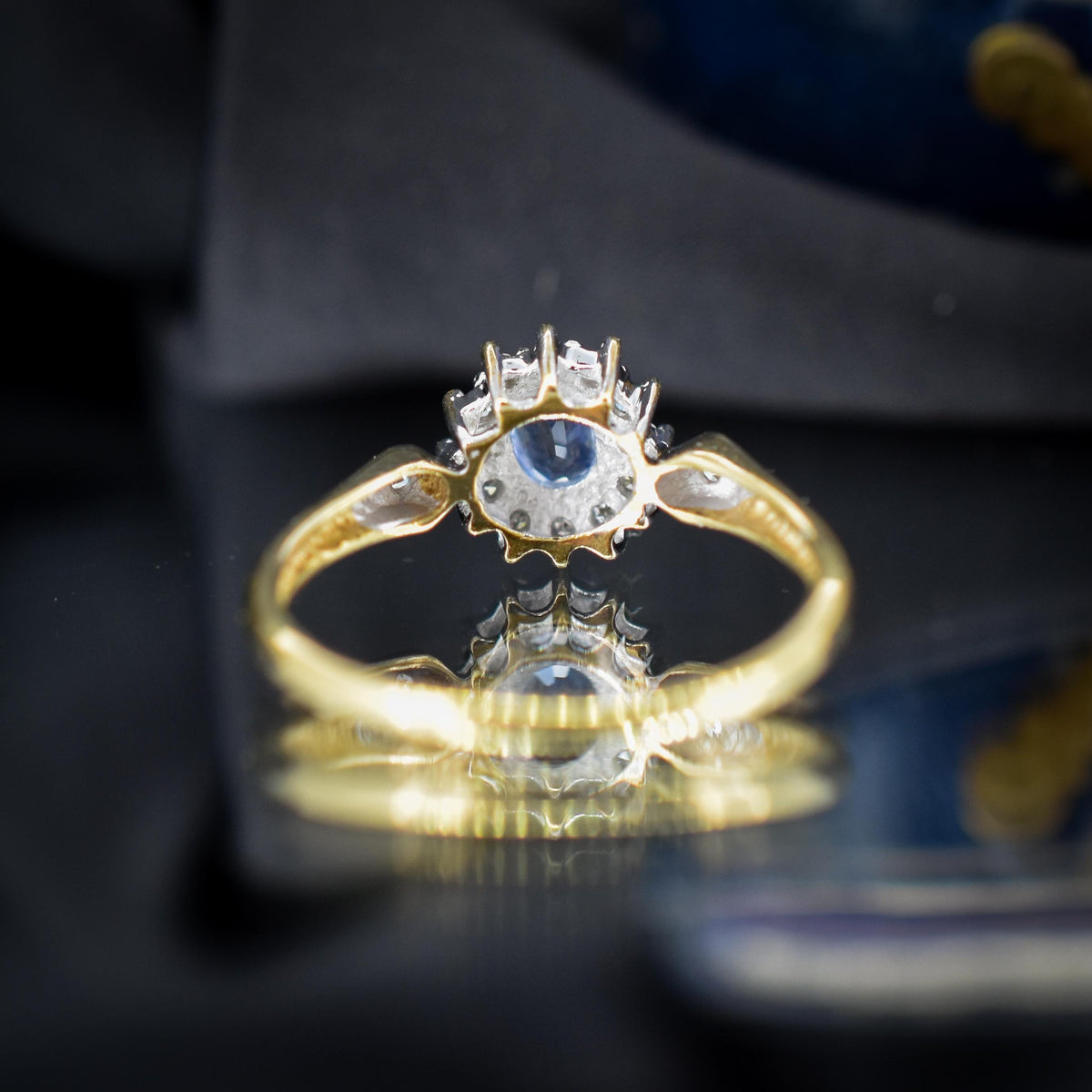 Vintage Blue Sapphire and Diamond Oval Cluster 9ct Gold Ring