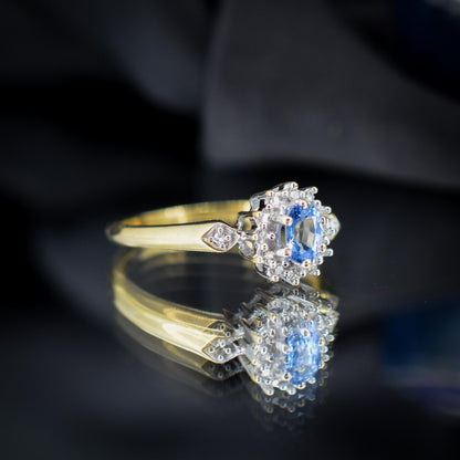 Vintage Blue Sapphire and Diamond Oval Cluster 9ct Gold Ring