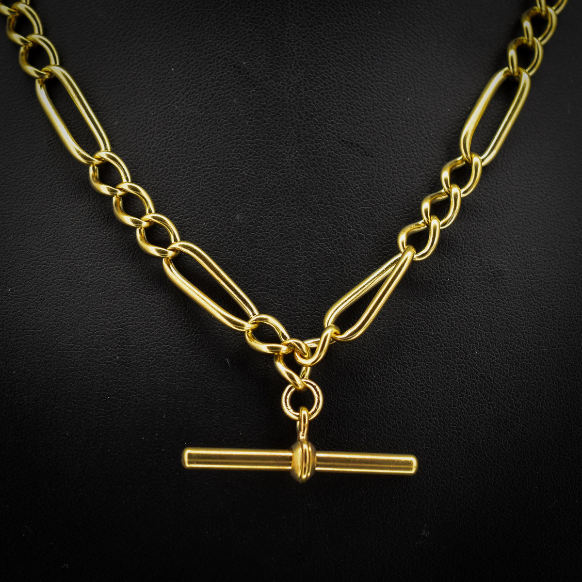Antique 18ct Rolled Gold Figaro Link Albert Watch Chain Necklace with T-Bar and Dog Clips - 17"