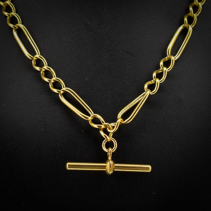 Antique 18ct Rolled Gold Figaro Link Albert Watch Chain Necklace with T-Bar and Dog Clips - 17"