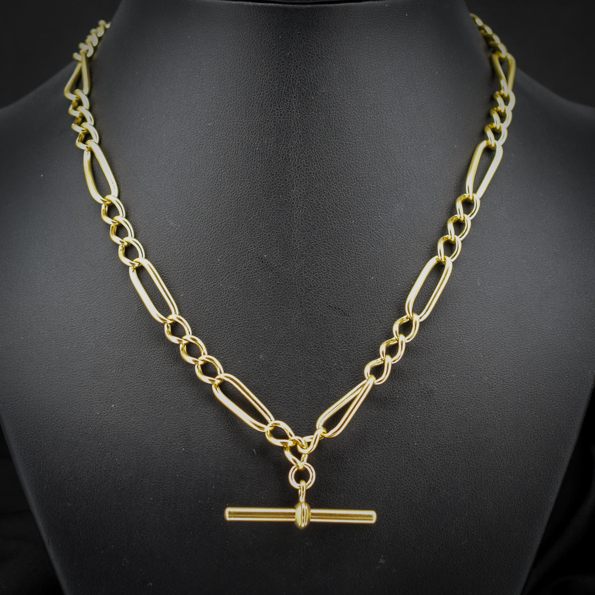 Antique 18ct Rolled Gold Figaro Link Albert Watch Chain Necklace with T-Bar and Dog Clips - 17"