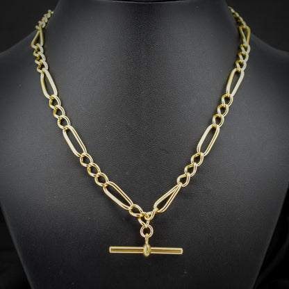 Antique 18ct Rolled Gold Figaro Link Albert Watch Chain Necklace with T-Bar and Dog Clips - 17"