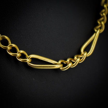 Antique 18ct Rolled Gold Figaro Link Albert Watch Chain Necklace with T-Bar and Dog Clips - 17"