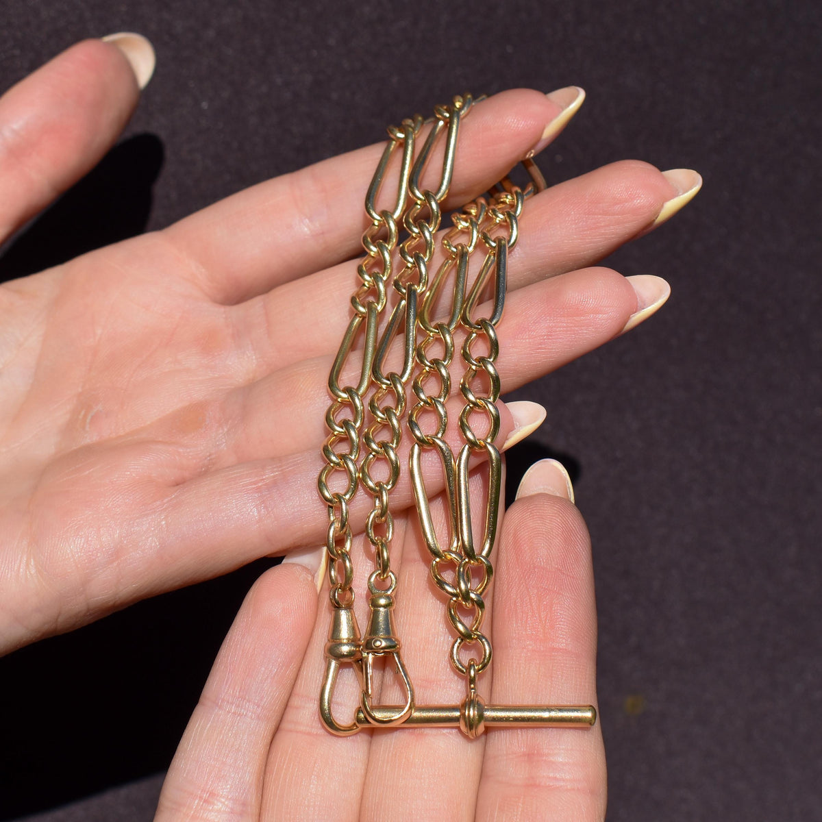 Antique 18ct Rolled Gold Figaro Link Albert Watch Chain Necklace with T-Bar and Dog Clips - 17"