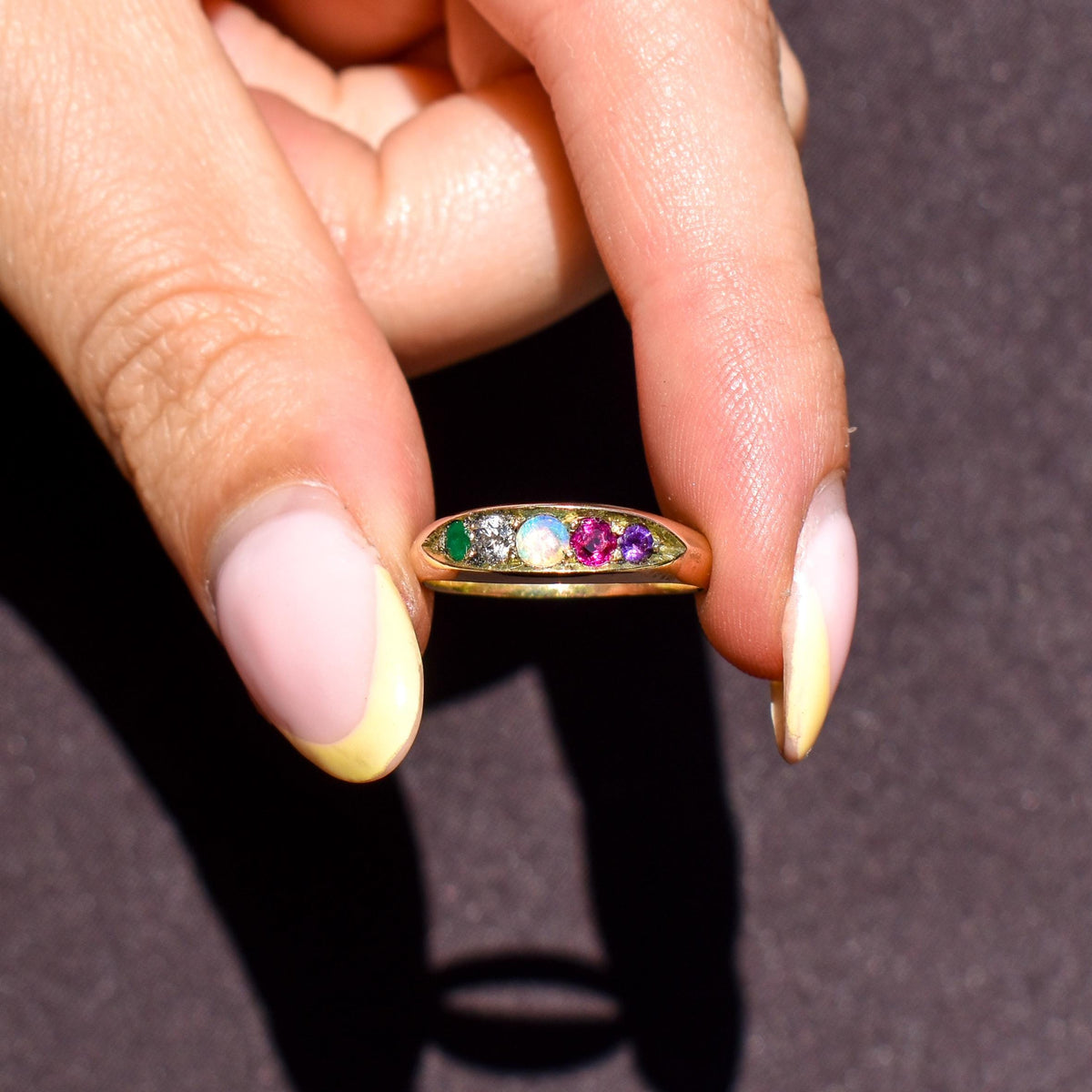 Antique Victorian Multi Gemstone Five Stone 15ct Yellow Gold Ring | Chester 1888